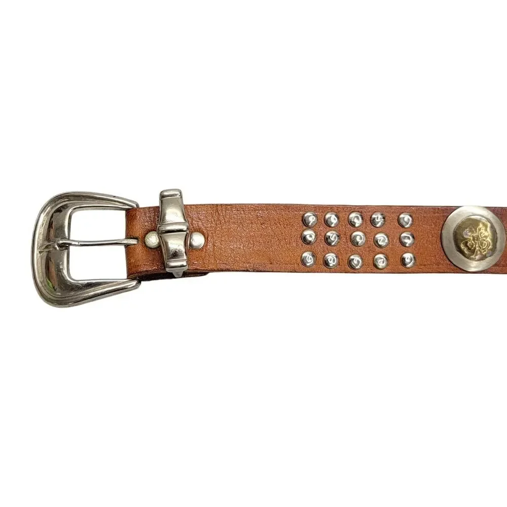 Vintage Brown Leather Studded Concho Belt Four Leaf Clover Silver Tone Boho